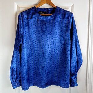 Vintage David Matthew Blue Green Print Satin LS Top